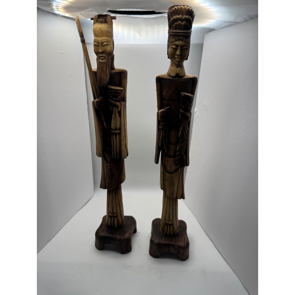 Vintage‎ Asian Figures Set Tall Carved Oriental Dynasty Emperor Empress